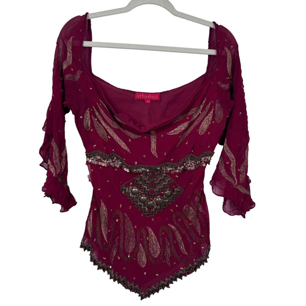 Aftershock Y2K Beaded Silk Top Mesh Blouse Women L Maroon Fairy Whimsigoth Boho